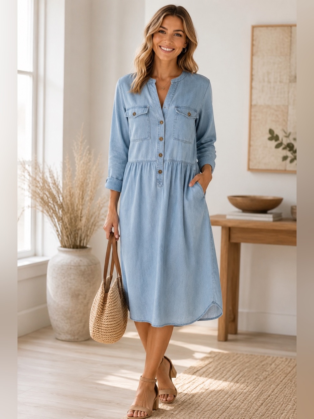 NWT Loveimgs Chambray Midi Dress S Button Front Long Sleeve Boho A29